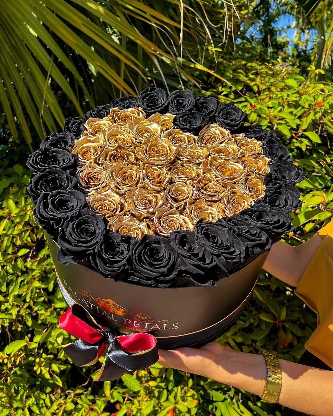 luxury preserved black roses in a box gold heart
