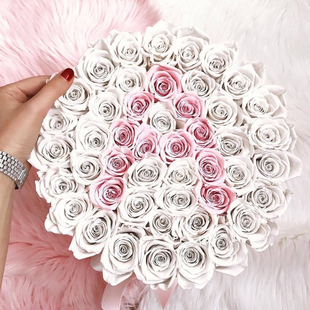 White & Pink Roses That Last A Year - Custom Deluxe Rose Box