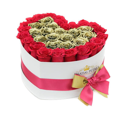 Pink & Gold Roses That Last A Year - Love Heart Box