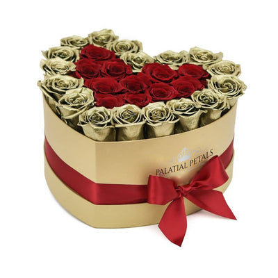 24k Gold & Red Roses That Last A Year - Love Heart Rose Box