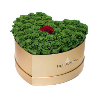 Green & Red Roses That Last A Year - Love Heart Box