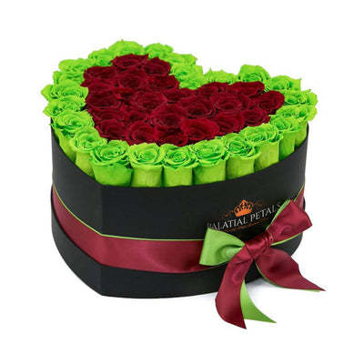 Green & Red Roses That Last A Year - Love Heart Rose Box