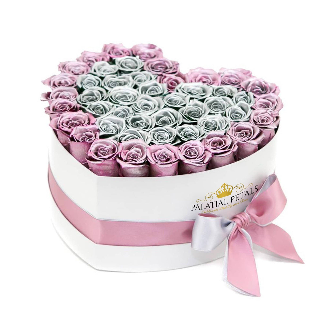Metallic Pink & Silver Roses That Last A Year - Love Heart Rose Box