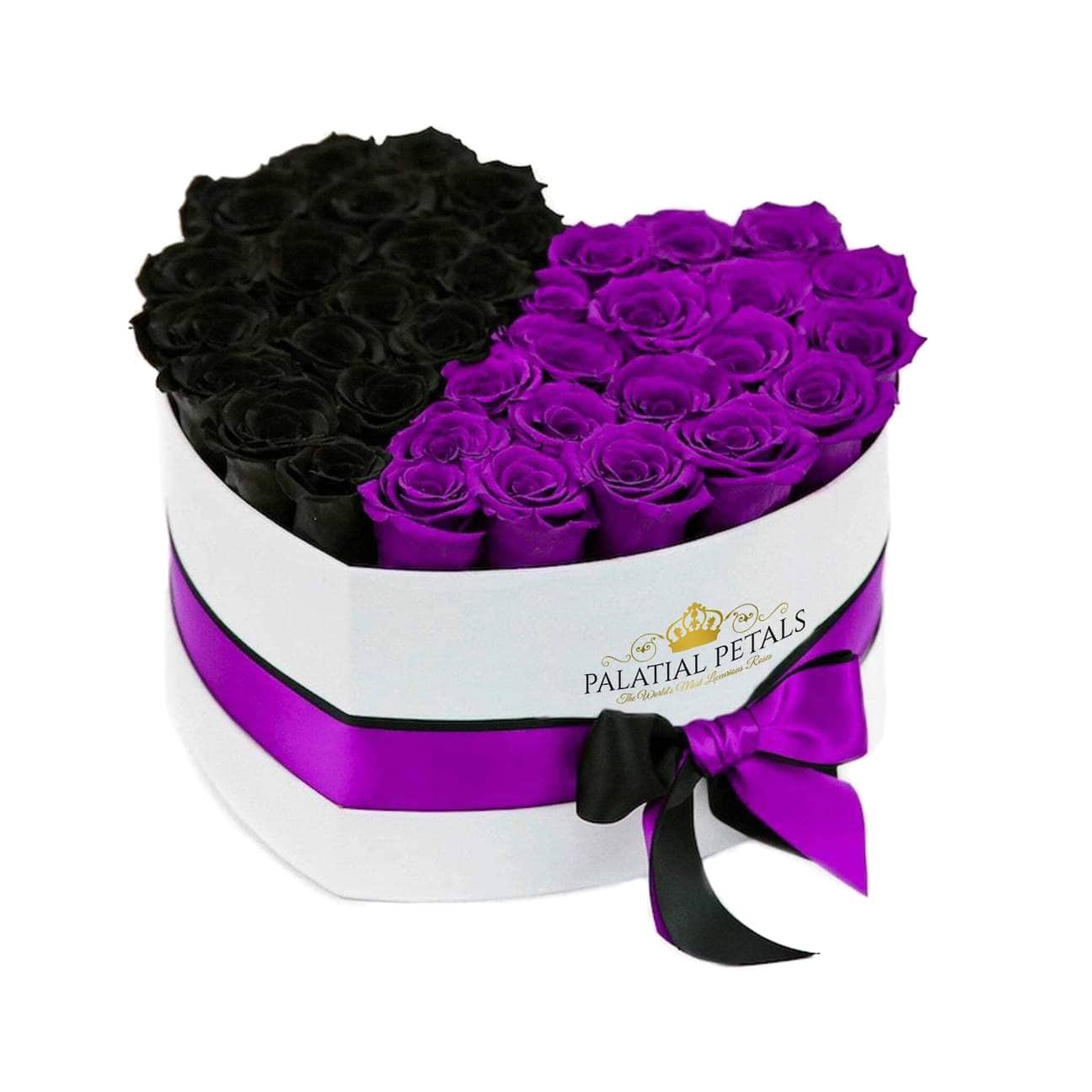 Black & Purple Roses That Last A Year - Love Heart Box