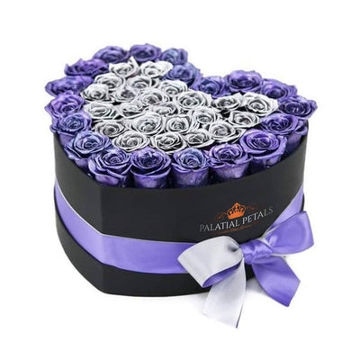Metallic Purple & Silver Roses That Last A Year - Love Heart Box