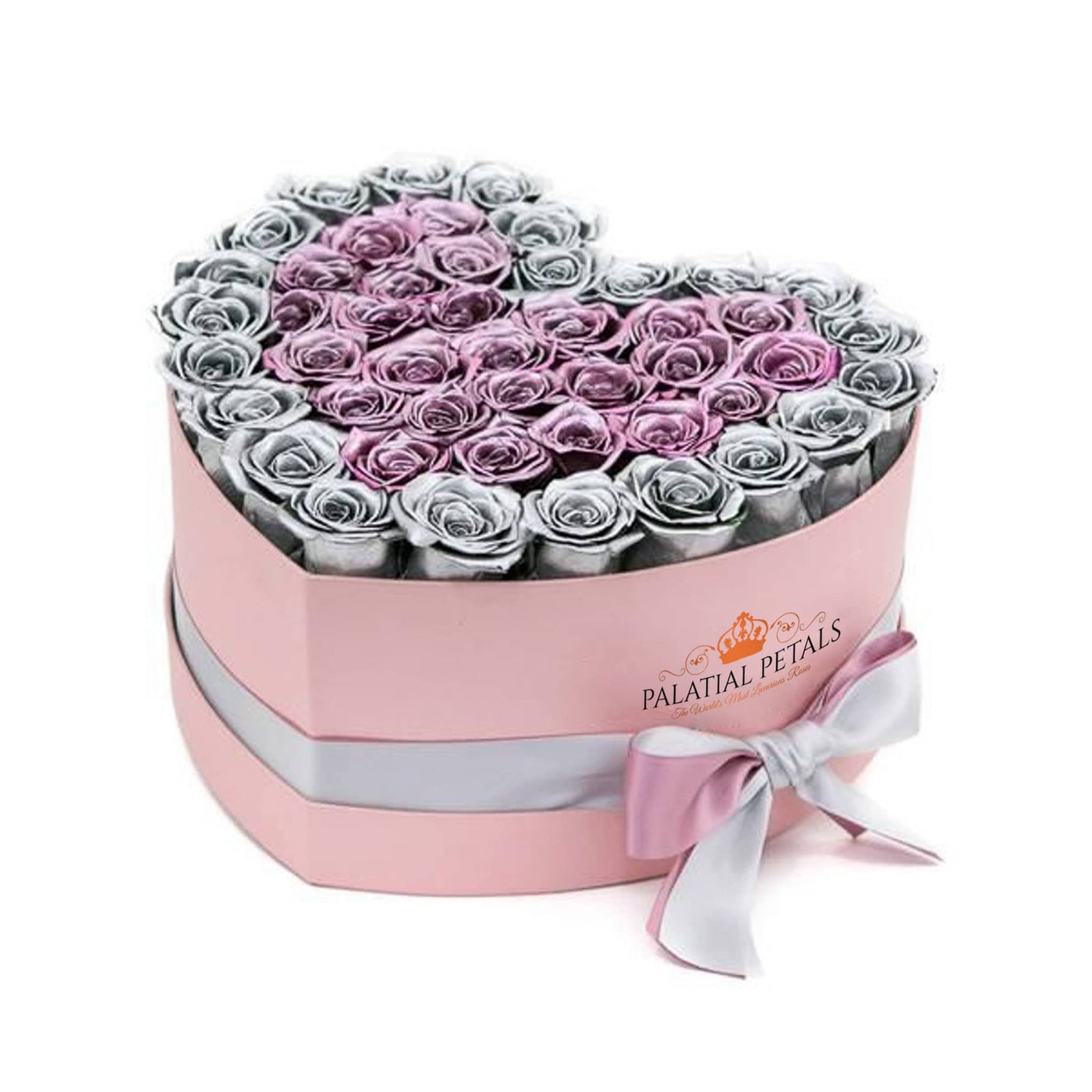 Metallic Pink & Silver Roses That Last A Year - Love Heart Rose Box