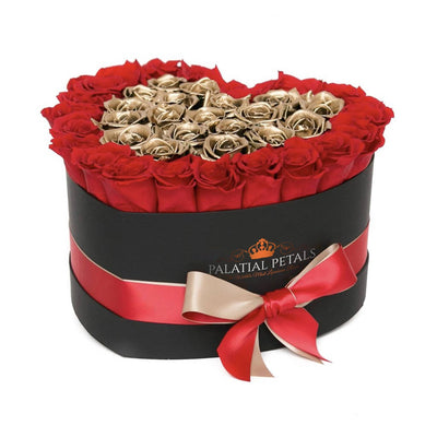 Red & Gold Roses That Last A Year - Love Heart Box