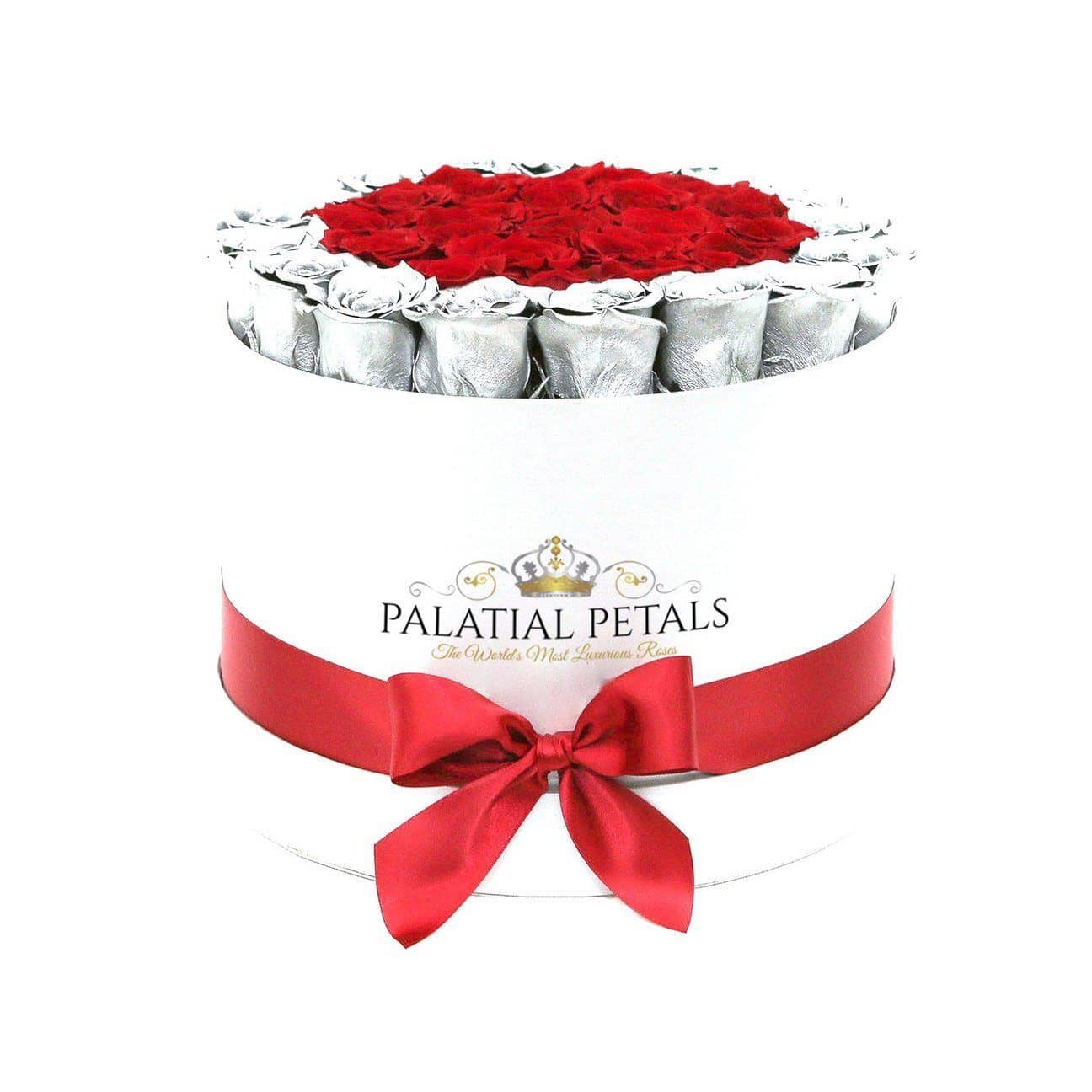 Metallic Silver & Red Roses That Last A Year - Large Rose Box