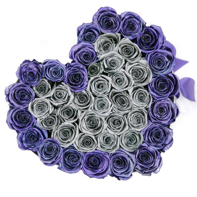 Metallic Purple & Silver Roses That Last A Year - Love Heart Box