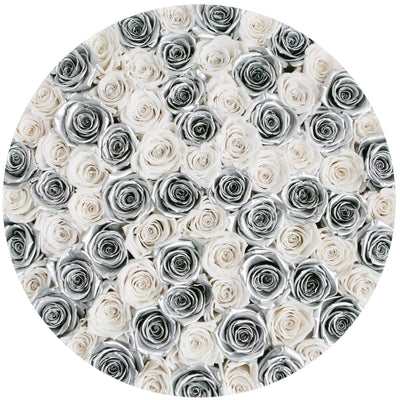 Metallic Silver & White Roses That Last A Year - Deluxe Rose Box