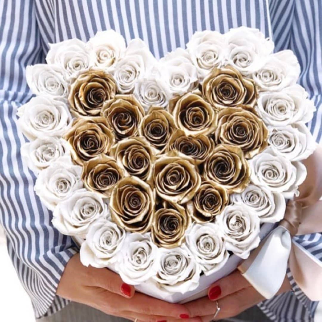 White & 24k Gold Roses That Last A Year - Love Heart Rose Box