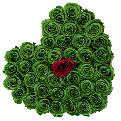 Green & Red Roses That Last A Year - Love Heart Box