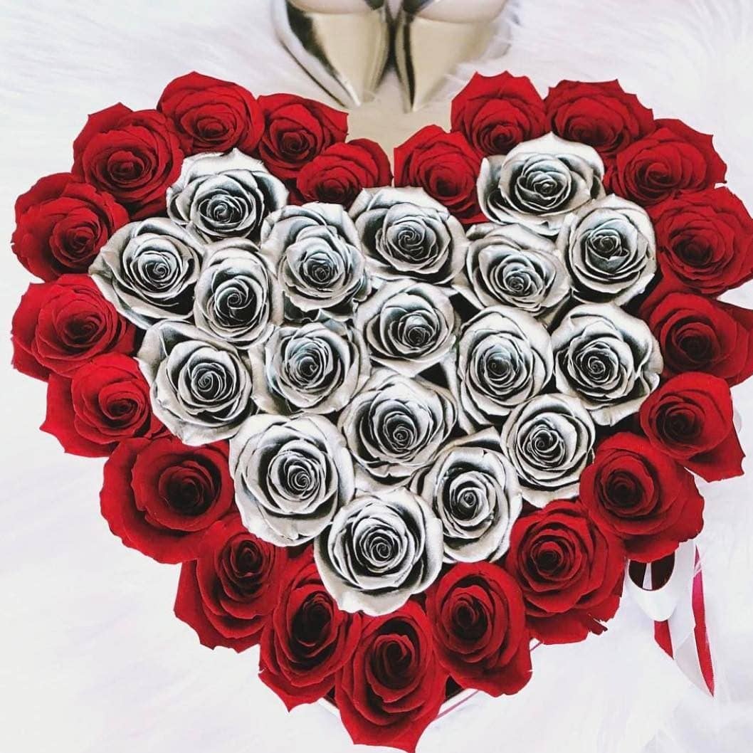 Red & Metallic Silver Roses That Last A Year - Love Heart Rose Box