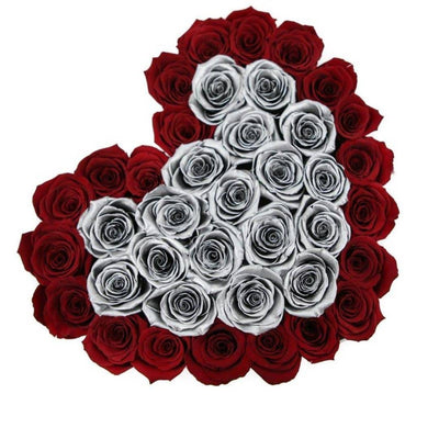 Red & Metallic Silver Roses That Last A Year - Love Heart Rose Box
