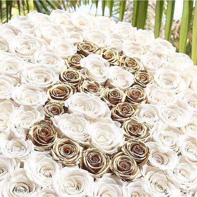 White & 24K Gold Roses That Last A Year - Custom Deluxe Rose Box
