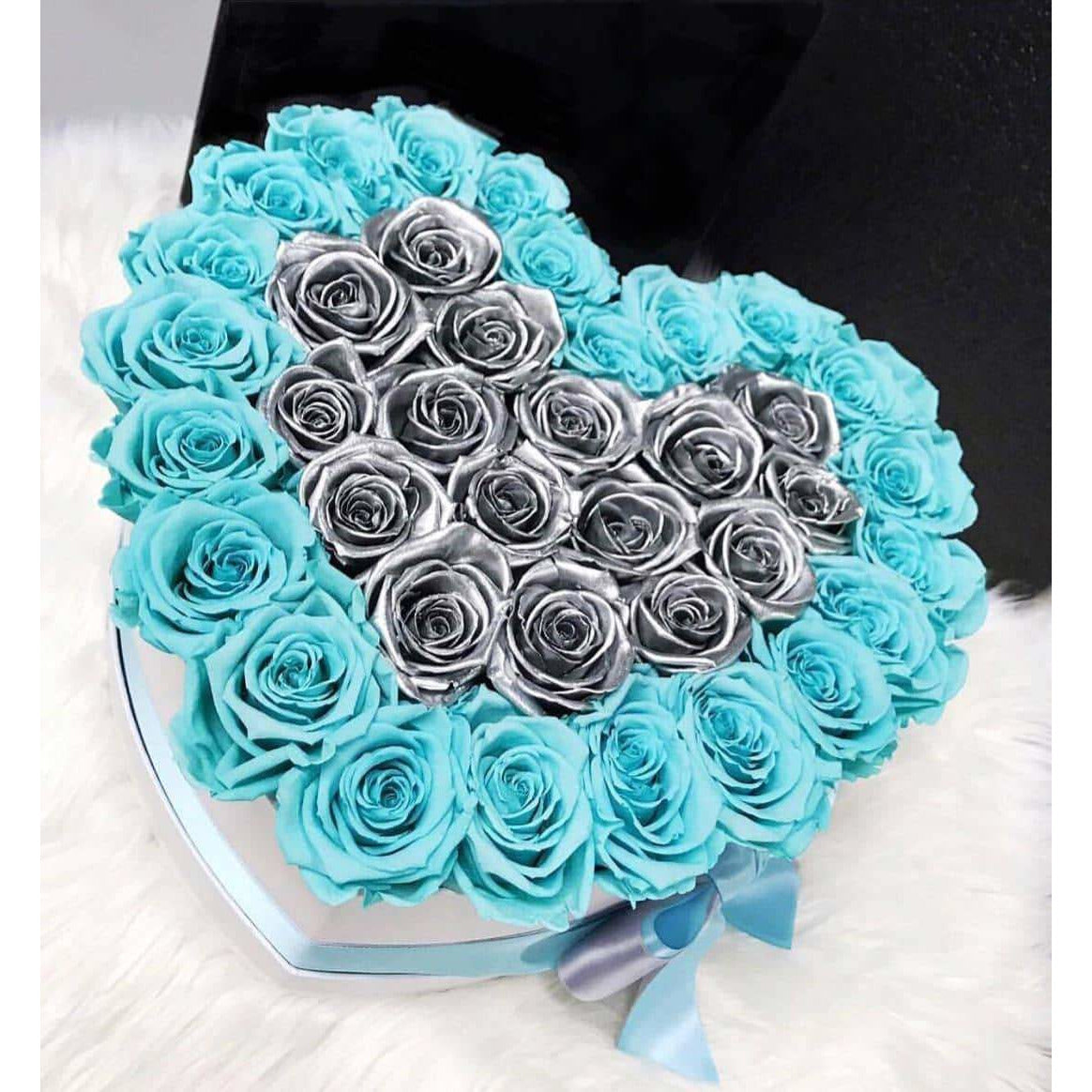 Tiffany Blue & Silver Roses That Last A Year - Love Heart Rose Box ...