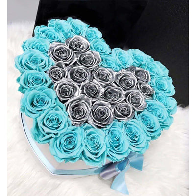 Tiffany Blue & Metallic Silver Roses That Last A Year - Love Heart Rose Box